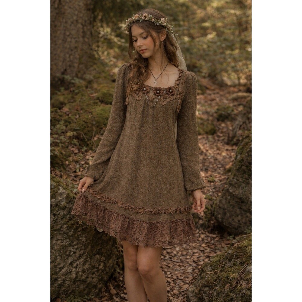 Forla Paris  Brown Boho Knit Sweater Dress Size Small Cottage Fairy Lace Ruffles